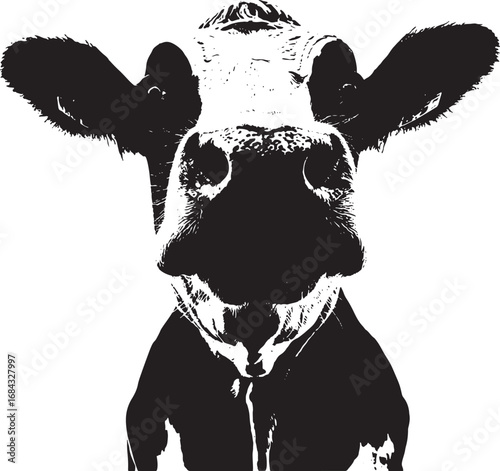 Close up black and white vector image of a cow face perfect for farm animal designs and rustic themes