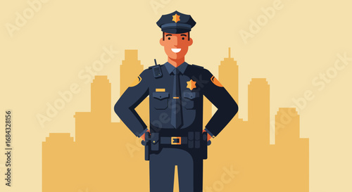 Smiling Policeman in Uniform with City Silhouette.