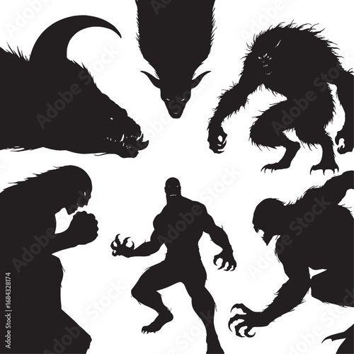 Collection of Monstrous Silhouettes Scary Creature Designs for Halloween or Fantasy Projects Featuring Werewolves and Other Mythical Beasts