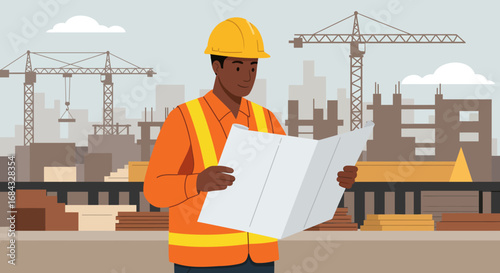 Construction Worker Examining Blueprints at Building Site.