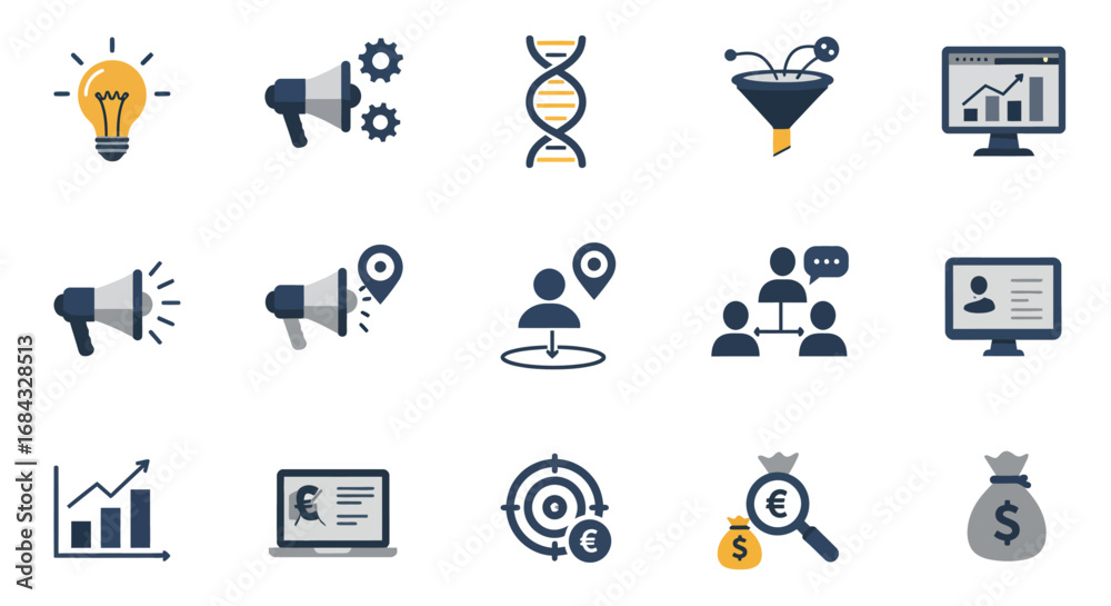 Fototapeta premium Professional 2D flat icons for corporate and startup themes, white background, featuring innovation, marketing,