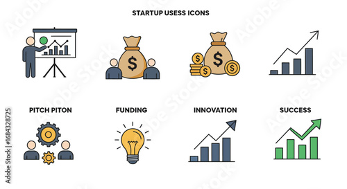  flat startup business icons, isolated on white background, including pitch presentation, funding, innovation, and success