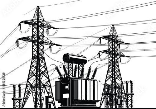 Electrical substation illustration, power transformer vector, transmission tower sketch, high voltage equipment, energy distribution system, black and 