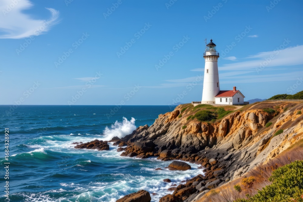 Naklejka premium Scenic Coastal Lighthouse on Rocky Shore with Turquoise Waves and Bright Blue Sky