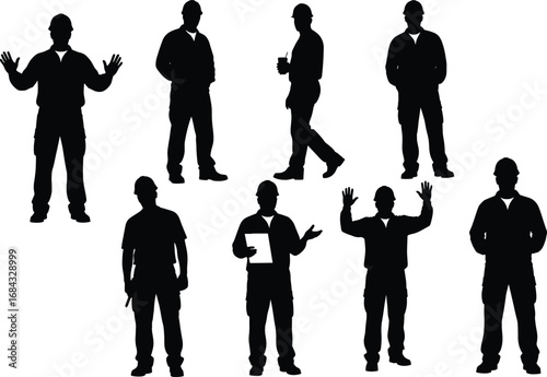 Construction worker silhouettes, hard hats, industrial team, engineering poses, vector illustration, black and white, occupational safety, teamwork, site inspection, labor force
