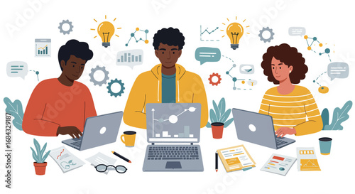 flat illustration of startup concept, white background, featuring young entrepreneurs, laptops, brainstorming,