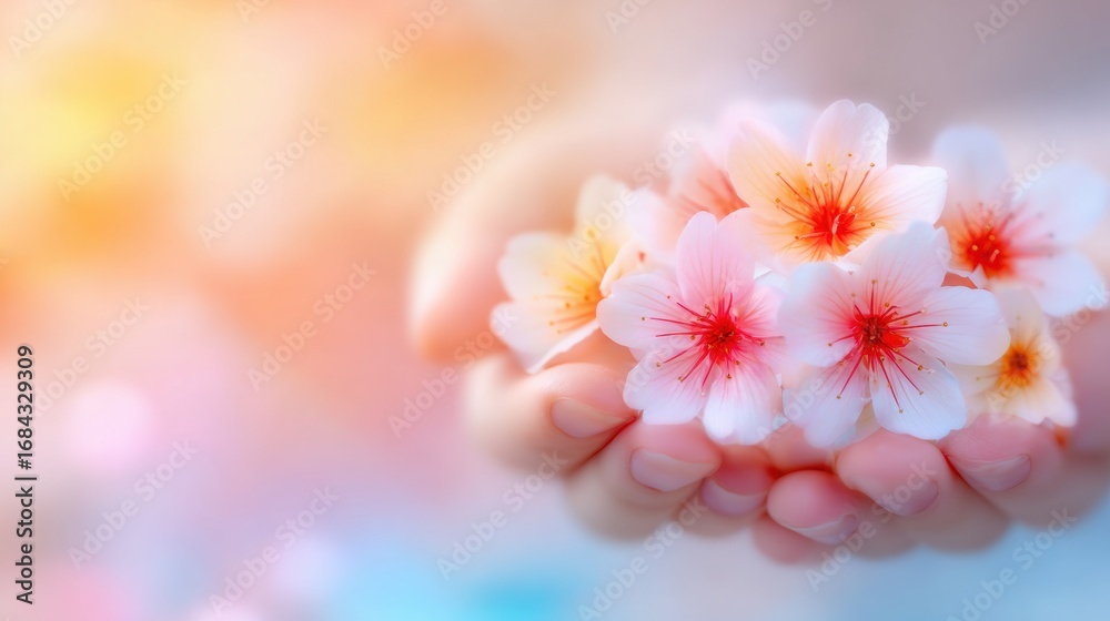 Fototapeta premium Delicate hands holding cherry blossom flowers with soft pastel background