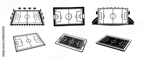Black and white illustration of various soccer fields viewed from different angles.