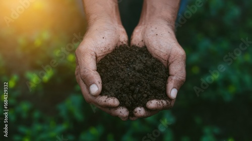 Wallpaper Mural Hands holding rich soil in a lush garden during golden hour sunlight Torontodigital.ca