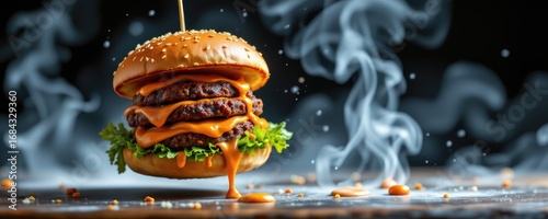 Wallpaper Mural Delicious gourmet burger with smoky flavor, melted cheese, fresh lettuce, and sesame bun against dark background Torontodigital.ca