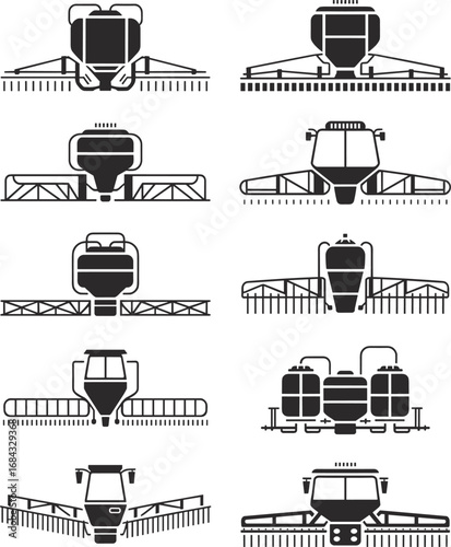 Agricultural machinery icons, crop sprayer, tractor sprayer, farming equipment, pesticide sprayer, fertilizer spreader, farm vehicle, agriculture tools, flat vector illustration