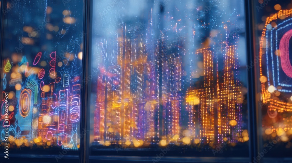 Obraz premium Focused medium shot of a creative LED window display featuring glowing abstract designs with the exterior cityscape softly out of focus.