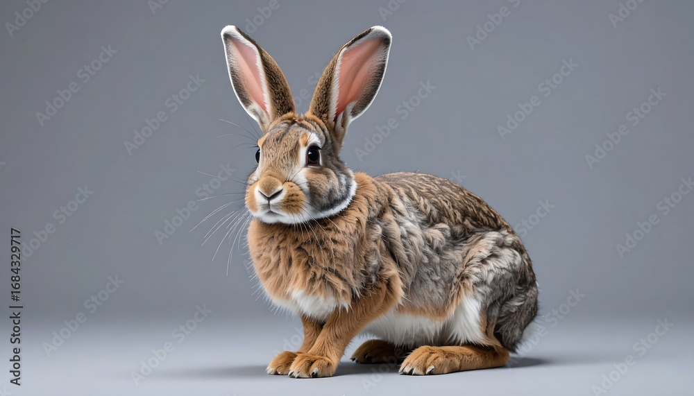 Fototapeta premium A captivating portrait of a young rabbit, showcasing its intricate coat pattern against a neutral backdrop.