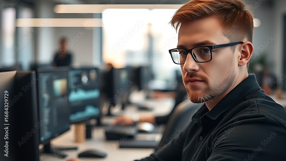 Obraz premium Developer working in a modern office, surrounded by blurred monitors in a clean tech environment.