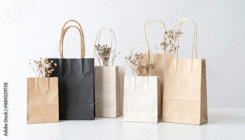 Collection of various sized paper shopping bags, some with dried flower sprigs, against a bright white background, creating a minimalist aesthetic