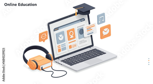 Modern 2D vector illustration of online education, clean flat design, white background, featuring laptop, e-learning