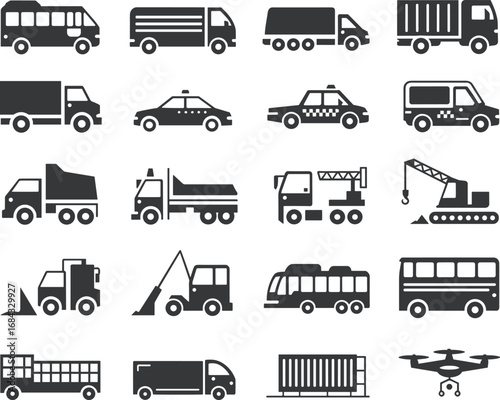 Vehicle icons, machinery symbols, truck, bus, car, taxi, ambulance, crane, bulldozer, excavator, cement mixer, drone, shipping container, logistics, flat vector illustration