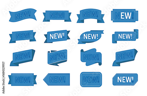 Collection of diverse blue 'NEW' labels, badges, and ribbons, perfect for product announcements, sales, and marketing promotions on websites or print materials