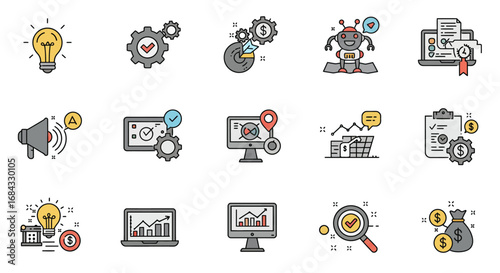 Professional 2D flat icons for corporate and startup themes, white background, featuring innovation, marketing, target, and profit symbols