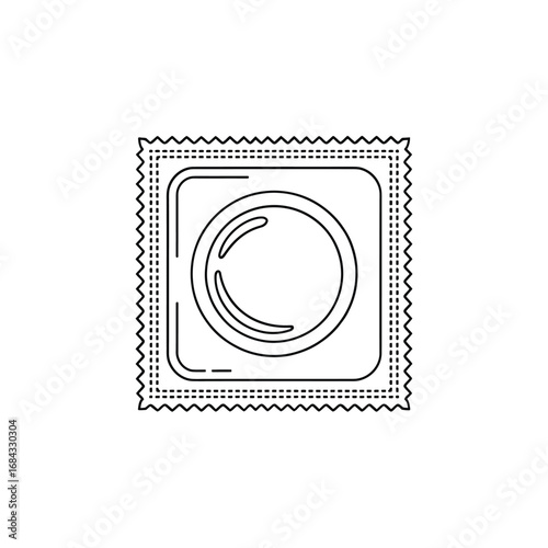 Simple line drawing of a condom in its packaging