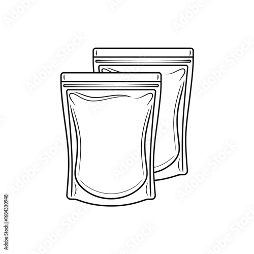 Two blank stand up pouches with zip lock closure in a hand drawn sketch style