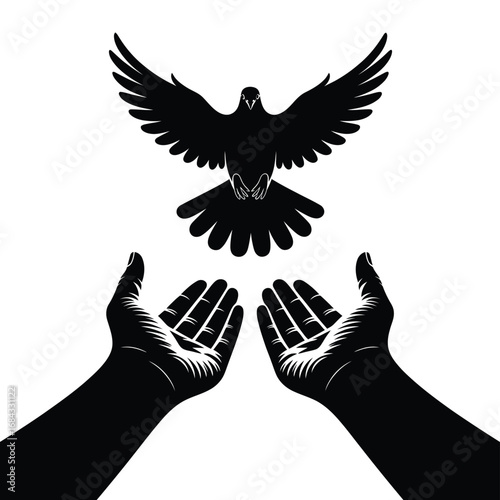 Silhouette of a dove flying from open hands against a white background