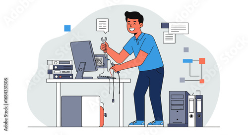 Technician Repairing Computer with Tools and Smile.