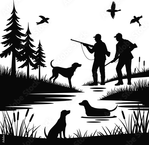 Silhouette hunters with rifles and hunting dogs near river, birds flying overhead, forest scene, black and white outdoor illustration