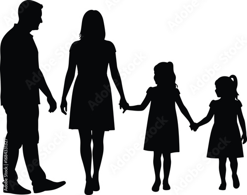 Silhouette of family walking together, father, mother, two daughters holding hands, unity, love, parenting, isolated on white background, happy moment