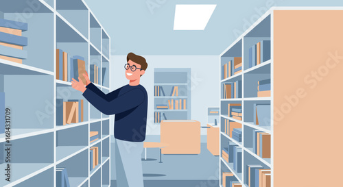 Smiling Man in Glasses Selecting Books in Library.