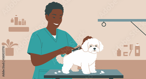 Groomer Brushing a Fluffy White Dog on Table.