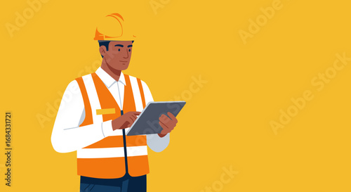 Construction Worker Holding Tablet Wearing Safety Gear.