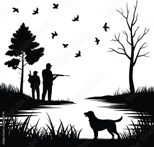 Silhouette of hunters with dog by lake in forest, birds flying overhead, peaceful nature scene, black and white artwork