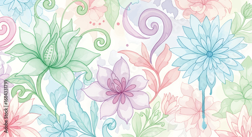 Wallpaper Mural Ethereal garden of whimsical fantasy flowers in a seamless pattern, featuring delicate pastel watercolors and elegant, translucent petals Torontodigital.ca