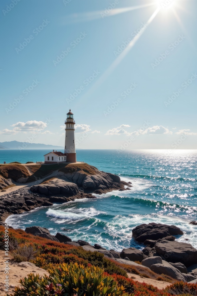 Naklejka premium Scenic lighthouse on rocky coast under bright sun with waves crashing against shore and clear blue sky in the background