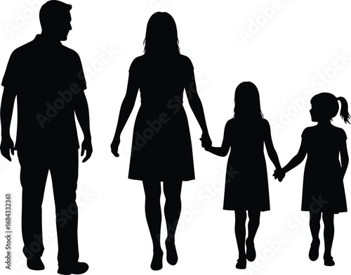 Silhouette of family walking, father, mother, and two daughters holding hands, together in unity, isolated on white background, love, bonding, happiness