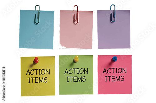 Action Items Sticky Notes with Colorful Paper Clips for Business Strategy and Task Management on White Background