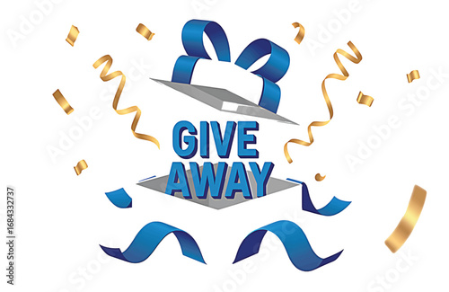 Giveaway announcement concept with an open present box, blue bow, and falling golden confetti. Isolated vector design for promotion and contests