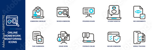 Online Homework Monitoring Blue Colored Outline Icon Set
