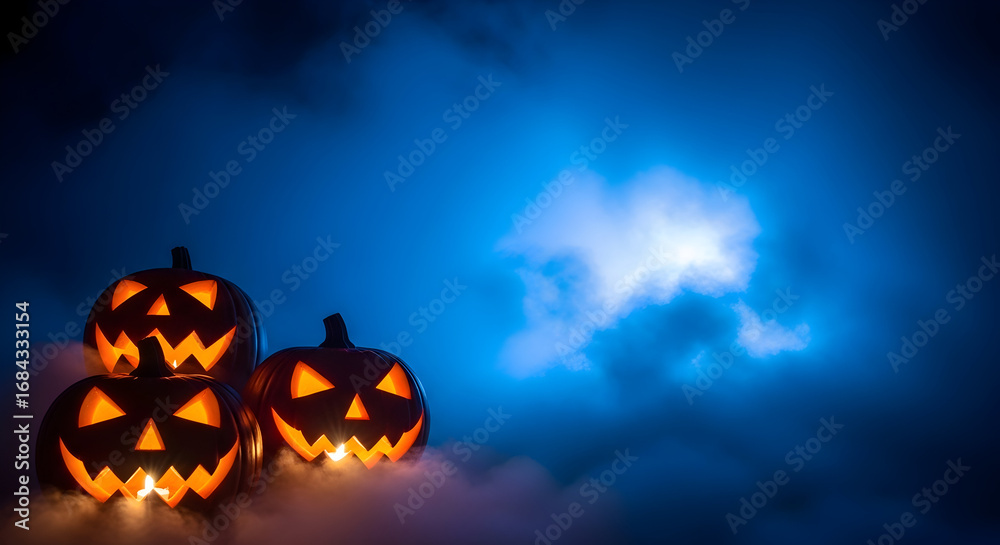 Naklejka premium Spooky Halloween pumpkins glow with eerie light on a foggy night, perfect for seasonal marketing campaigns