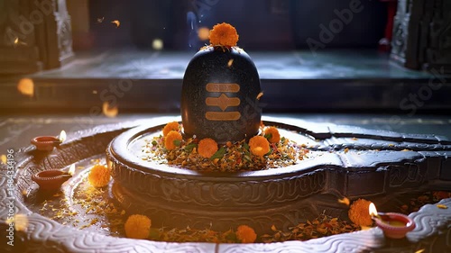 Pradosh Vrat temple background, glowing Shiva Lingam with diya lamps and marigold petals