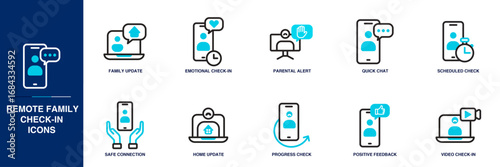 Remote Family Check In Blue Colored Outline Icon Set