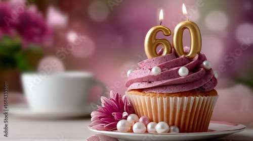 Celebratory Cupcake with Pink Frosting and Sixty Birthday Candles on a Table