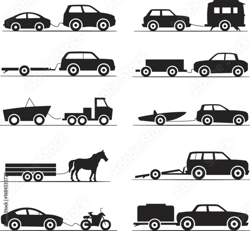 Towing, vehicles, car, SUV, pickup truck, trailer, boat, camper, motorcycle, transport, cargo, hauling, freight, travel, load, silhouette, icon, automotive, transport, flat vector illustration