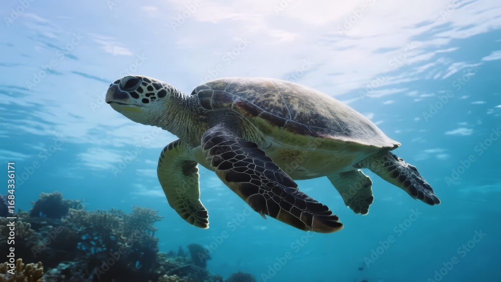 Obraz premium Sea Turtle Gliding Through Clear Blue Waters Above Coral Reef