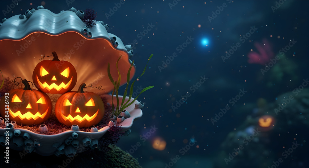 Naklejka premium Dive into a magical Halloween world! This stunning underwater scene with glowing pumpkins in a seashell is perfect for adding a touch of spooky fun to your designs.