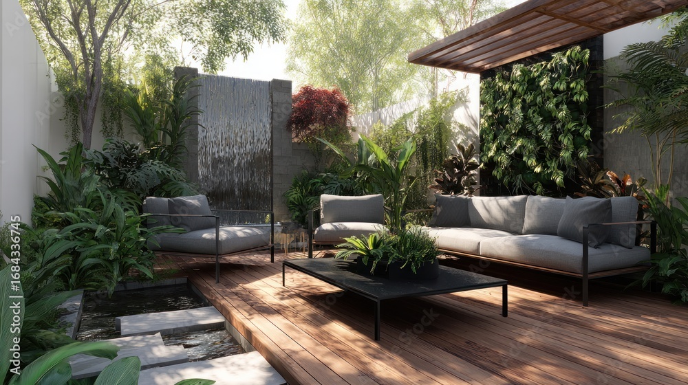 Fototapeta premium Serene Modern Oasis: Tropical Backyard Retreat