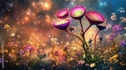 Luminous alien flora in a vibrant, cosmic field.