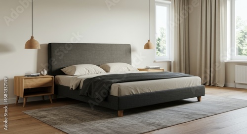 Modern Bedroom Interior with Bed Nightstands and Window.