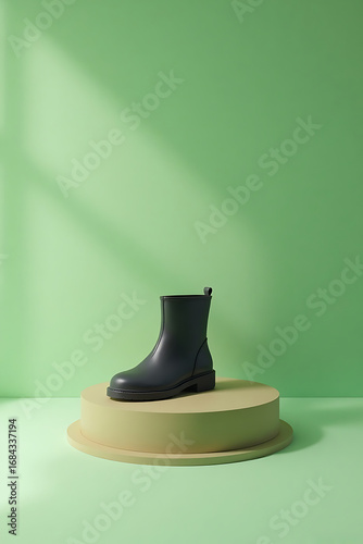 Black Rubber Boot on Cream Pedestal in Minimalist Green Studio